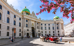 Hofburg Wien im Frühling mit Pferdekutsche und blühenden Bäumen.